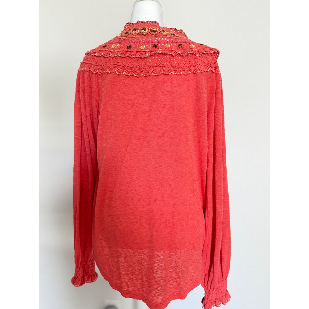 Free People Coral Pink Crochet Embroidered Henley Boho Long Sleeve Top Women M - Picture 3 of 15